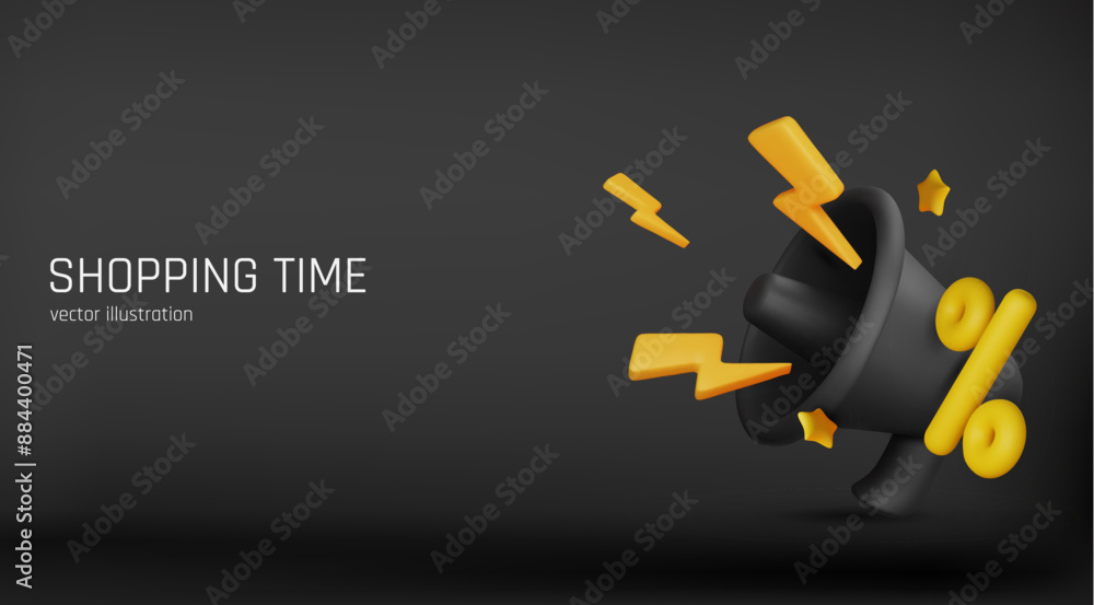 3d realistic black friday lettering with megaphone elements on black background, holiday sale banner template, vector illustration.