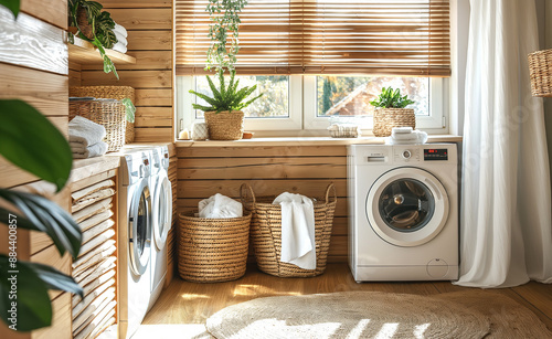 Cozy laundry room with wooden accents and natural light.