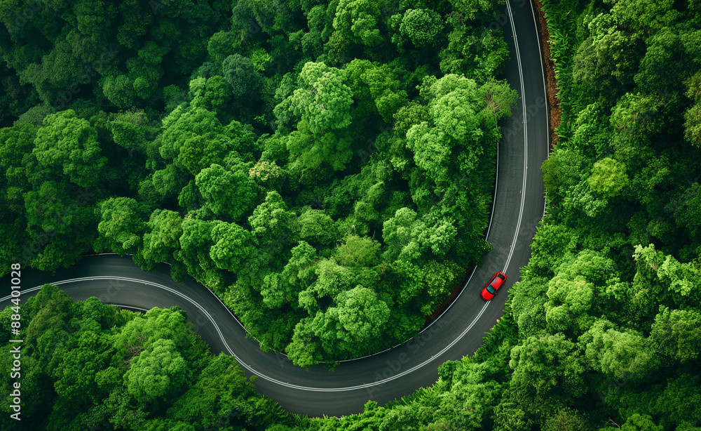 Aerial view of a red car driving through a winding road in a lush green forest. Aerial view of a red car driving through a winding road in a lush green forest.