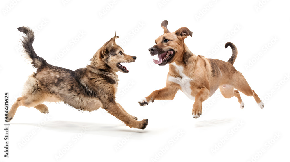 Dynamic Action Shot of Two Playful Dogs Jumping and Running Against White Background Capturing Joyful Interaction and Energetic Movements Dynamic Action Shot of Two Playful Dogs Jumping and Running Against White Background Capturing Joyful Interaction and Energetic Movements