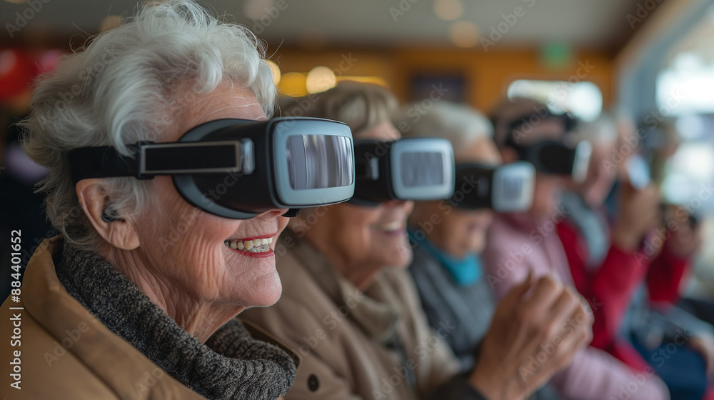 A telephoto angle photo of a group of seniors attending a virtual reality demo, each one taking turns with the VR glasses, with copy space A telephoto angle photo of a group of seniors attending a virtual reality demo, each one taking turns with the VR glasses, with copy space