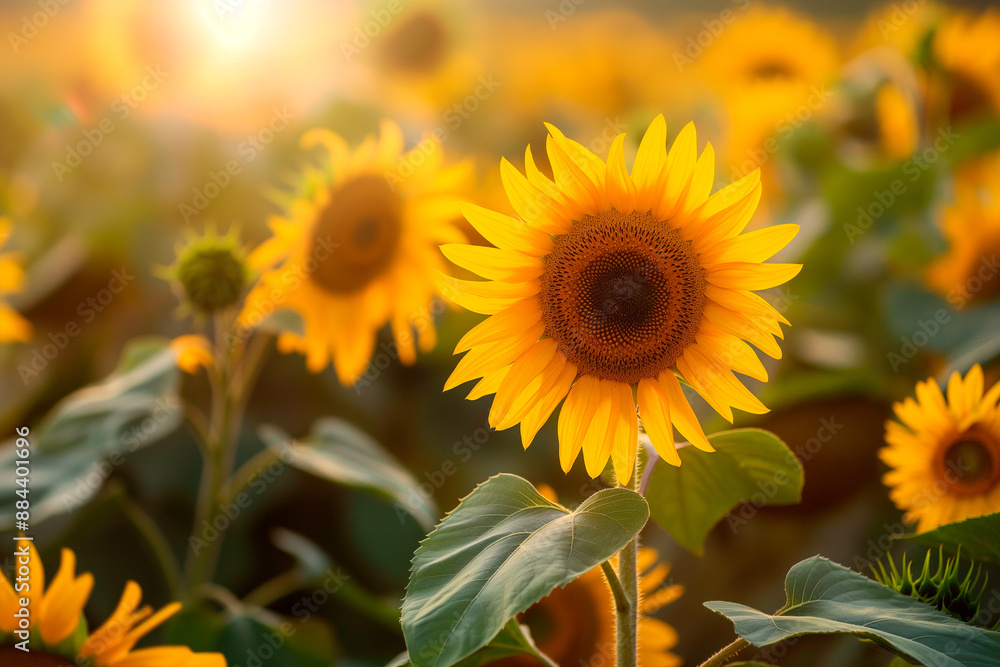 Fototapeta premium beautiful fresh yellow sunflowers flowers in full frame background