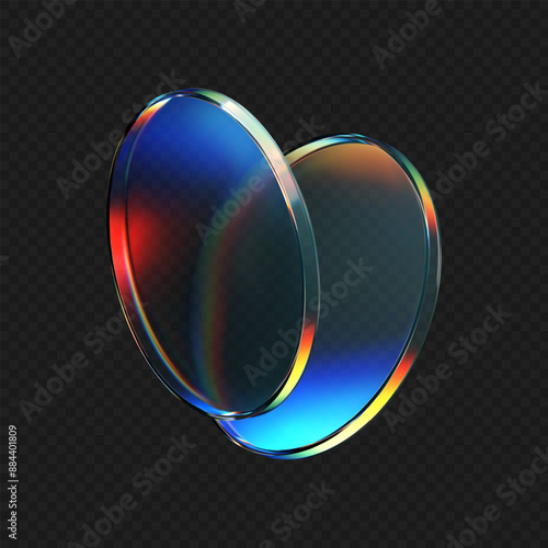 3d crystal glass plate with rainbow, holographic effect isolated on dark background. Render transparent glass disk, product podium or mirror with iridescent gradient texture. 3d vector figure