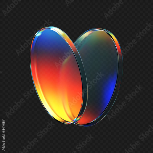 3d crystal glass plate with rainbow, holographic effect isolated on dark background. Render transparent glass disk, product podium or mirror with iridescent gradient texture. 3d vector figure