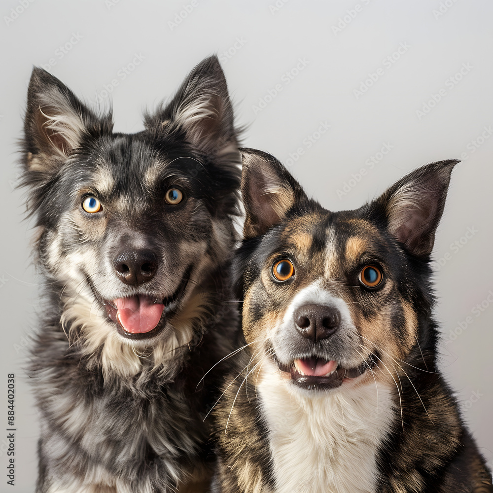 Portrait of Happy Dogs Looking at Camera Together Isolated on White Background, Friendship and Amazing Friendliness of Pets, Adorable Dog Companions with Smiling Faces Portrait of Happy Dogs Looking at Camera Together Isolated on White Background, Friendship and Amazing Friendliness of Pets, Adorable Dog Companions with Smiling Faces