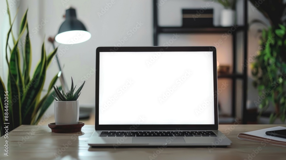 Laptop with white screen on desk with copy space concept Laptop with white screen on desk with copy space concept