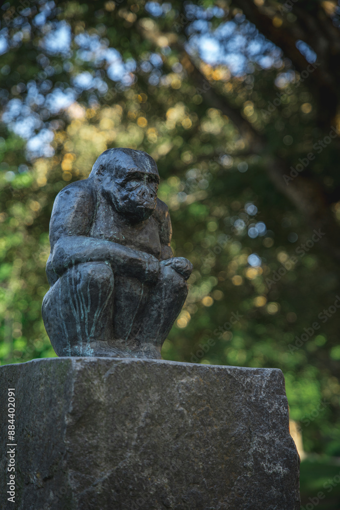 In a picturesque natural park, there is a historic stone monkey statue surrounded by lush greenery In a picturesque natural park, there is a historic stone monkey statue surrounded by lush greenery