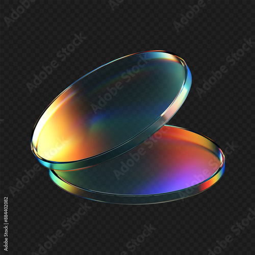 3d glass flying product podium with rainbow, holographic effect isolated on dark background. Render transparent glass cosmetic or award pedestal, disk stage with iridescent gradient. 3d vector figure