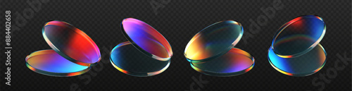 3d glass flying product podium with rainbow, holographic effect isolated on dark background. Render transparent glass cosmetic or award pedestal, disk stage with iridescent gradient. 3d vector figure