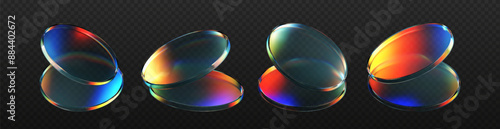 3d glass flying product podium with rainbow, holographic effect isolated on dark background. Render transparent glass cosmetic or award pedestal, disk stage with iridescent gradient. 3d vector figure