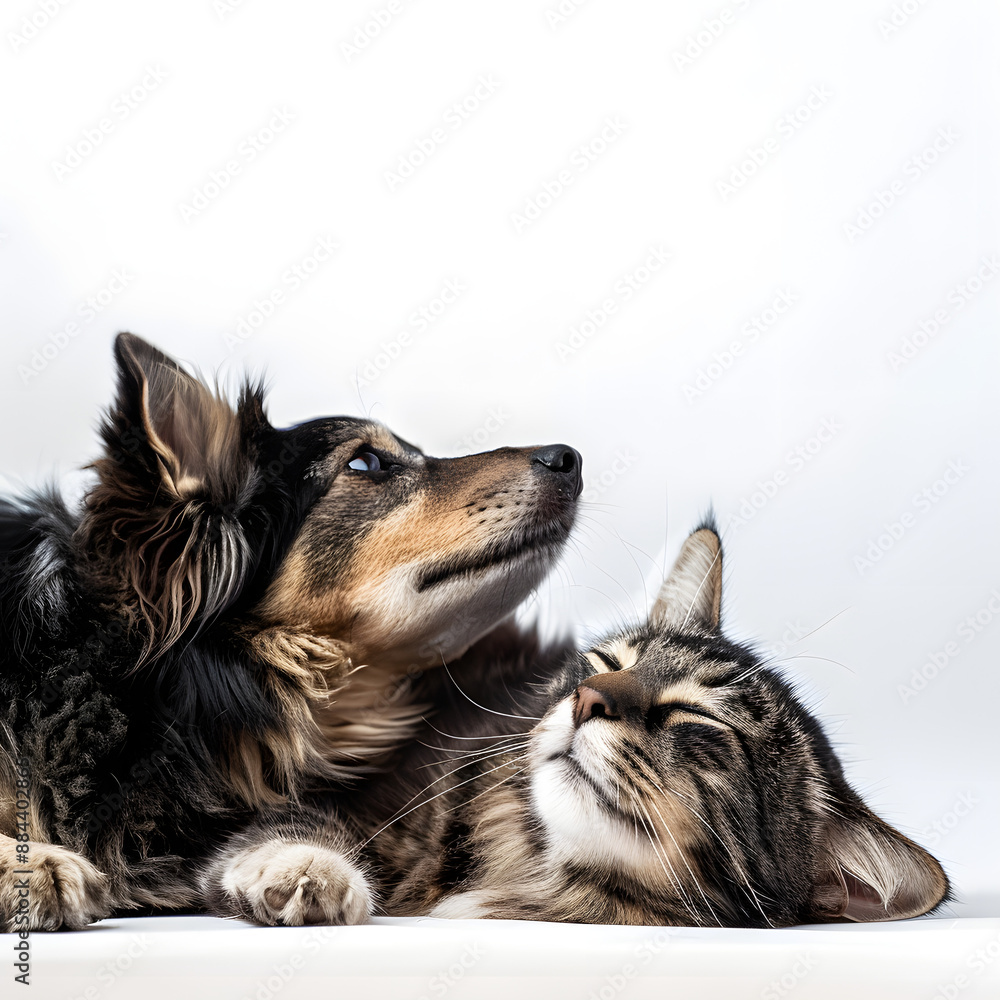 Happy Dog and Cat Portrait, Dog and Cat Lying Together, Pets Showing Friendship and Companionship, Isolated on White Background Happy Dog and Cat Portrait, Dog and Cat Lying Together, Pets Showing Friendship and Companionship, Isolated on White Background