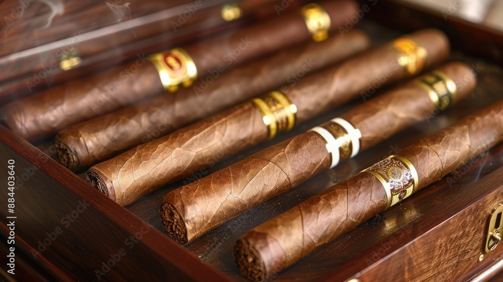 A premium cigar humidor with a collection of fine cigars, displayed on a polished wooden surface. A premium cigar humidor with a collection of fine cigars, displayed on a polished wooden surface.