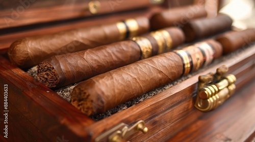 A premium cigar humidor with a collection of fine cigars, displayed on a polished wooden surface.