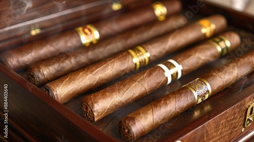 A premium cigar humidor with a collection of fine cigars, displayed on a polished wooden surface.