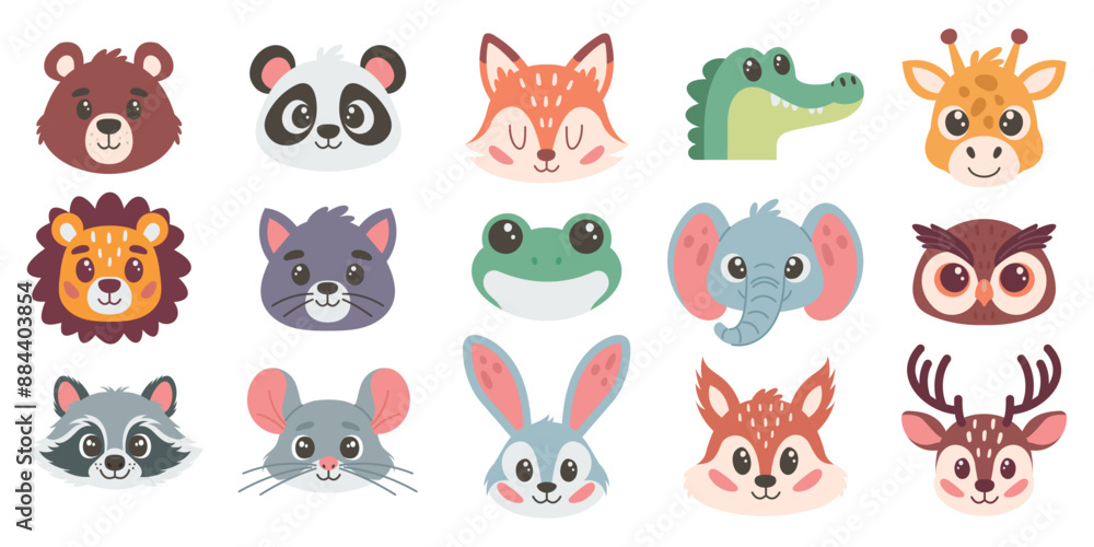 Obraz premium Set of cute cartoon animal heads. Vector illustration on a white background