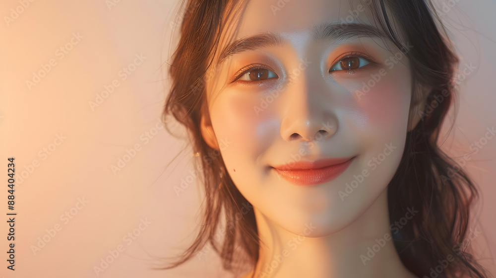 Beautiful Young Asian Woman with Clean Fresh Skin Smiling, Natural Makeup on Beige Background, Facial Care, Beauty, Skincare, Cosmetology, Spa Treatment Beautiful Young Asian Woman with Clean Fresh Skin Smiling, Natural Makeup on Beige Background, Facial Care, Beauty, Skincare, Cosmetology, Spa Treatment