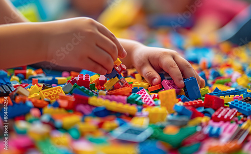 Children's hands playing with colorful building blocks.