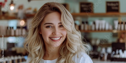 Wallpaper Mural A young, smiling lady in a cosmetics shop, posing with a cheerful expression. Torontodigital.ca