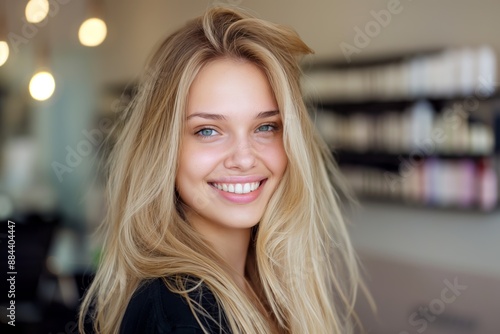 Wallpaper Mural Youthful model with a stylish hairstyle, smiling happily and confidently in a professional setting. Torontodigital.ca