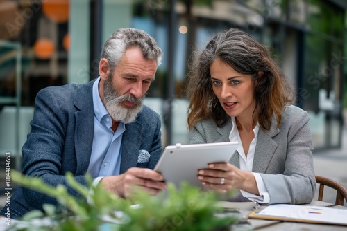 Businesswoman and businessman discussing strategy on a patio, focusing on a tablet together.