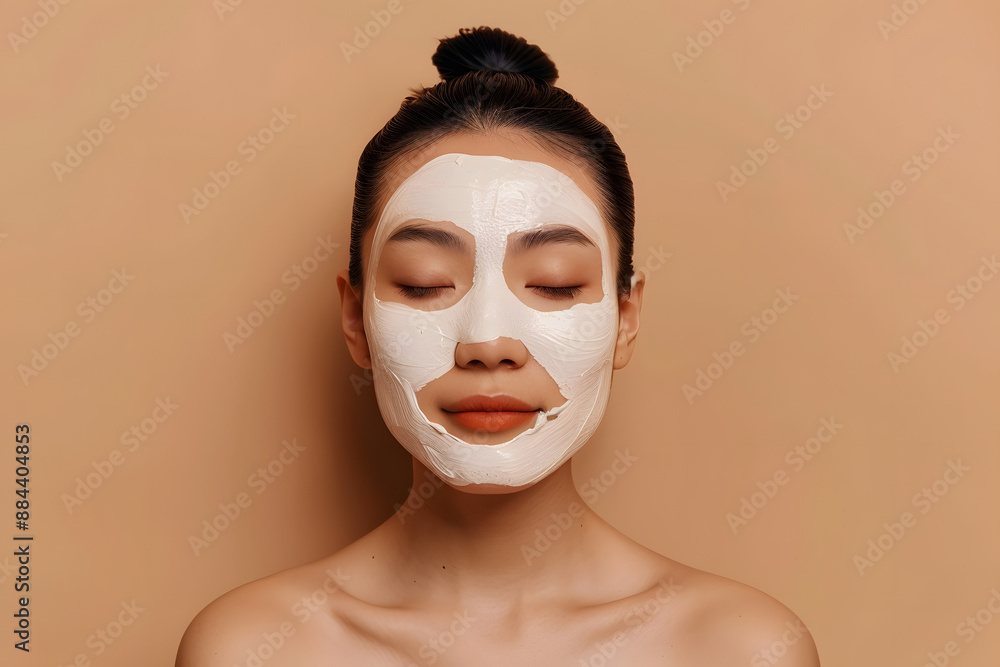 Beautiful Young Asian Woman with Clean Fresh Skin Applying Facial Mask for Skincare and Facial Treatment on Beige Background Beautiful Young Asian Woman with Clean Fresh Skin Applying Facial Mask for Skincare and Facial Treatment on Beige Background