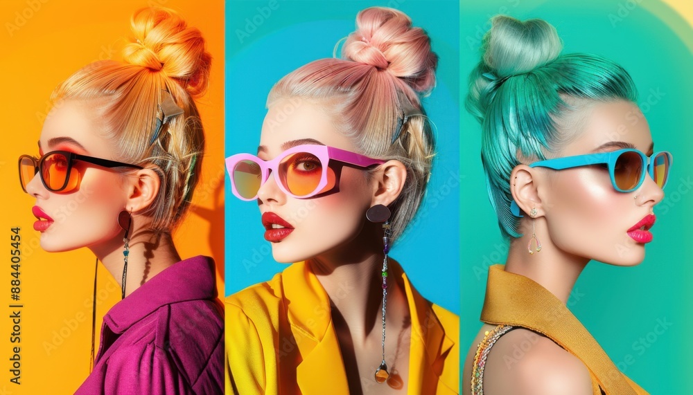 Three Women With Colorful Hair and Sunglasses Posing Against Bright Backgrounds Three Women With Colorful Hair and Sunglasses Posing Against Bright Backgrounds