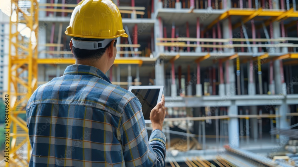 Construction manager using a tablet to check project progress. Construction manager using a tablet to check project progress.