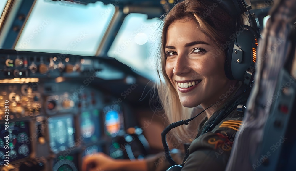 Portrait of a beautiful smiling female pilot sitting in the cockpit and looking at the camera while working on an airplane. Portrait of a beautiful smiling female pilot sitting in the cockpit and looking at the camera while working on an airplane.