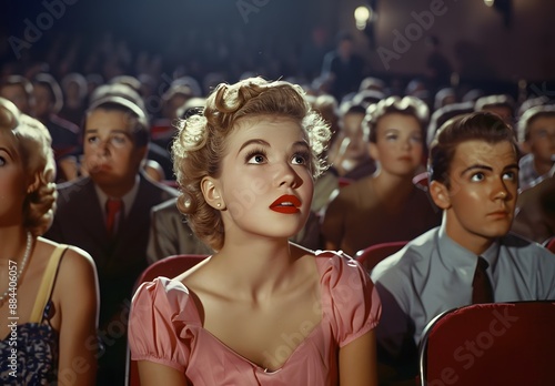 A young woman in the audience of an old movie theater, watching people on stage with red lipstick and vintage performing in musicals.