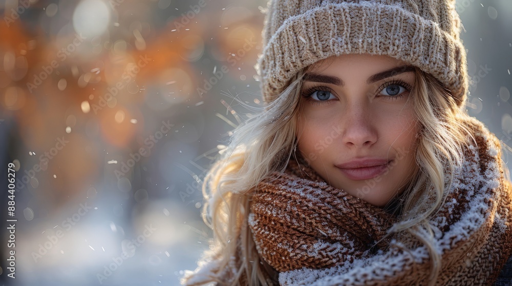 A beautiful young woman walking in winter in a park A beautiful young woman walking in winter in a park