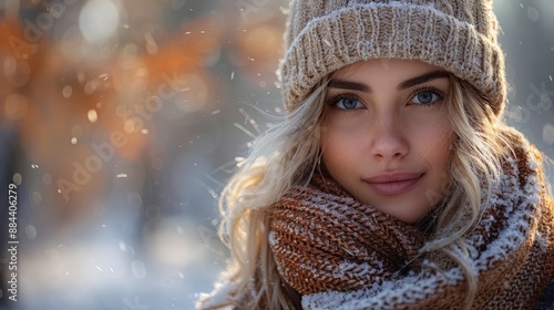 A beautiful young woman walking in winter in a park