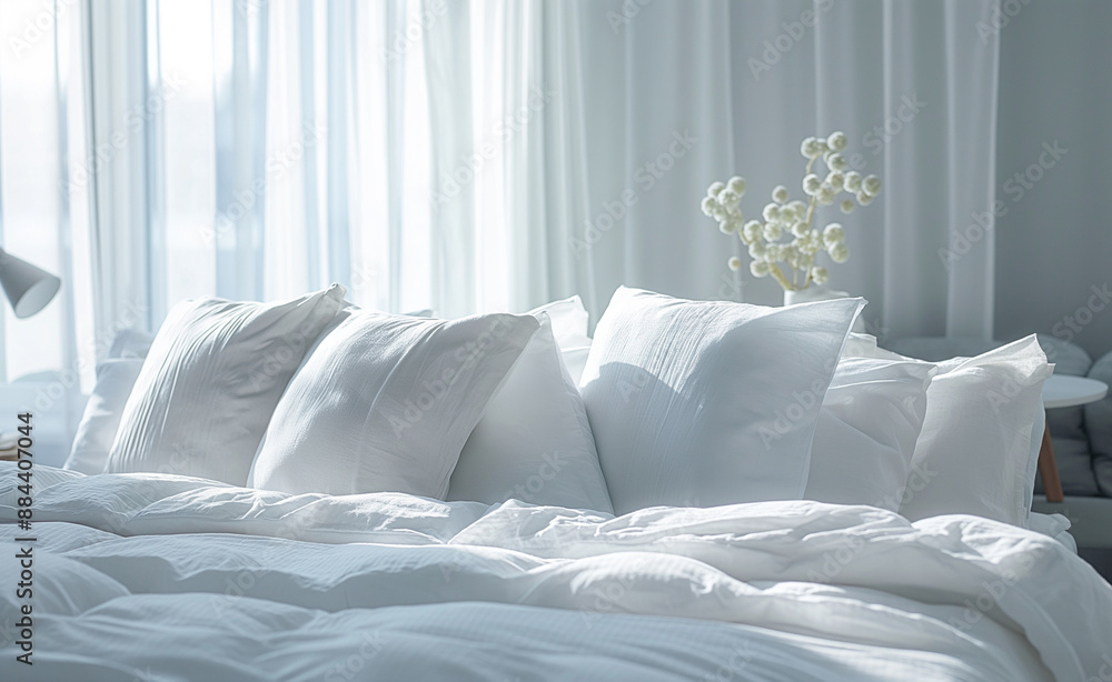 Bright and cozy white bedroom with fluffy pillows and a soft comforter. Bright and cozy white bedroom with fluffy pillows and a soft comforter.