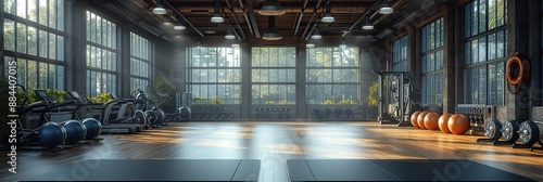 spacious gym ,  Blurred large gym with exercise equipment with sunlight, banner 