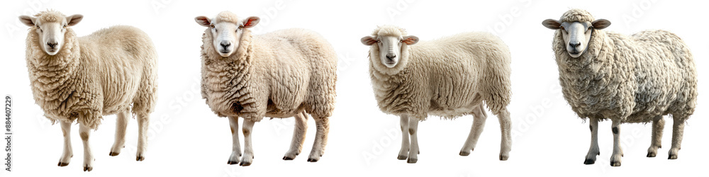 Fototapeta premium Four different breeds of sheep standing in a row, showcasing their unique wool textures and body structures against a white background.