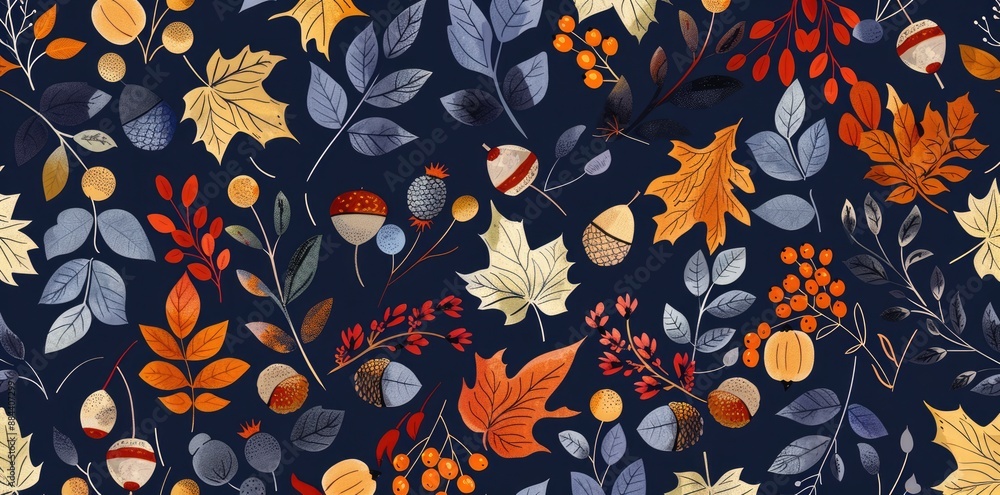 Autumn Leaves and Berries Seamless Pattern Autumn Leaves and Berries Seamless Pattern