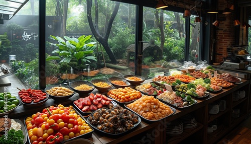 High angle view of buffet breakfast at hotel restaurant,  Healthy food, vegetables in different trays photo