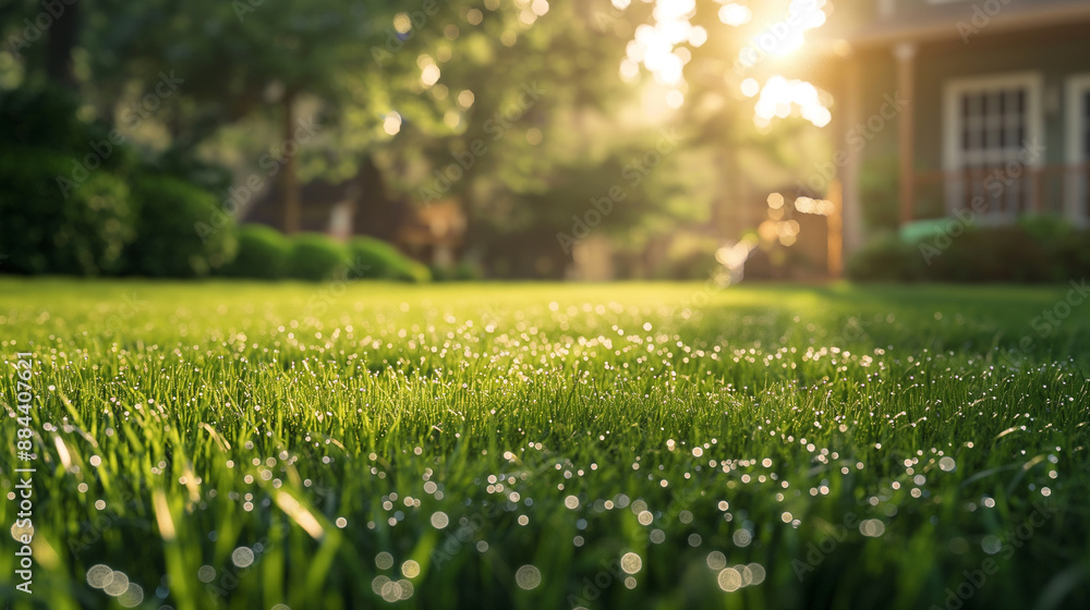 Dew-covered green grass in a suburban backyard with sunlight shining through. Dew-covered green grass in a suburban backyard with sunlight shining through.