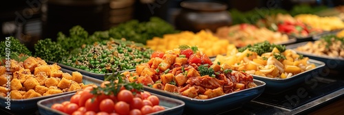 High angle view of buffet breakfast at hotel restaurant,  Healthy food, vegetables in different trays photo
