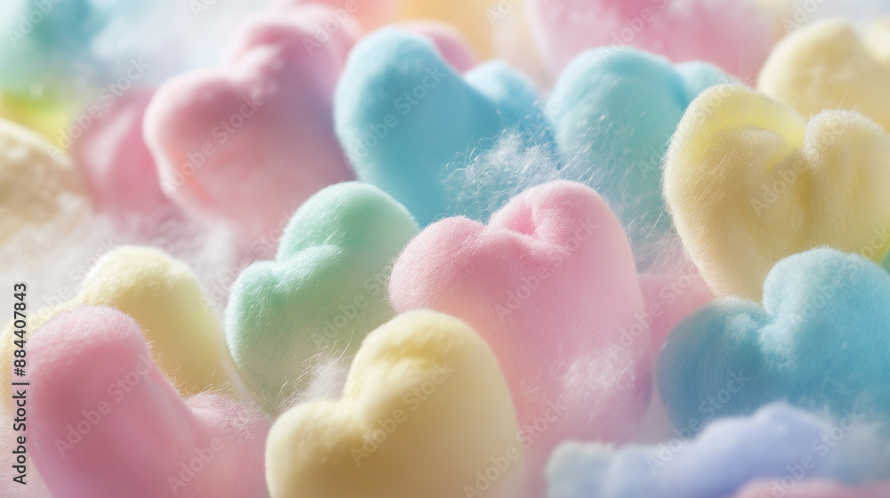 Fluffy pastel-colored heart-shaped marshmallows in various shades of pink, blue, yellow, and white. Fluffy pastel-colored heart-shaped marshmallows in various shades of pink, blue, yellow, and white.