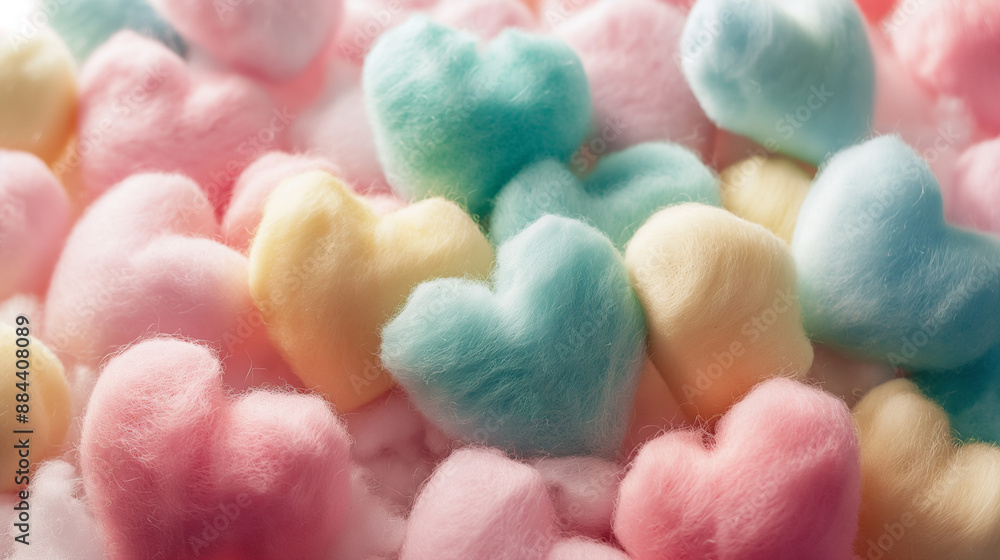 A pile of pastel-colored heart-shaped cotton candies. A pile of pastel-colored heart-shaped cotton candies.