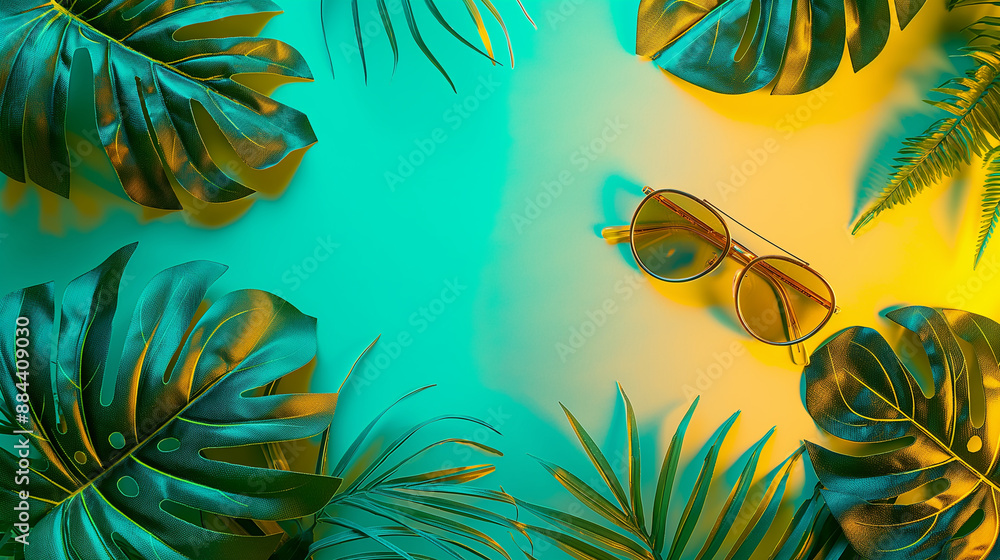 Sunglasses on a yellow and green background with tropical leaves. Sunglasses on a yellow and green background with tropical leaves.