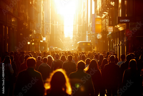 People are busy, rushing, going to work in the morning. Sunset Boulevard Crowdscape. Golden Hour Commute on Busy City Street. Urban Commuter in Bustling Cityscape.