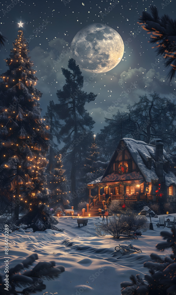Enchanting Winter Night at a Cozy Snow-Covered Cabin Under a Full Moon Enchanting Winter Night at a Cozy Snow-Covered Cabin Under a Full Moon
