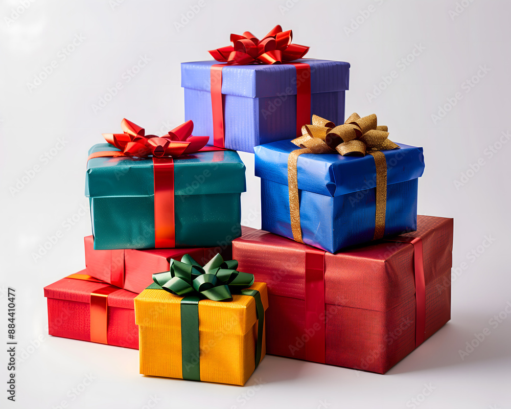 Fototapeta premium Colorful Wrapped Gift Boxes with Decorative Bows on White Background