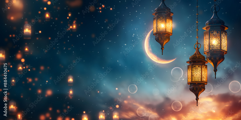 Enchanting Ramadan Night with Illuminated Lanterns and Moonrise Enchanting Ramadan Night with Illuminated Lanterns and Moonrise