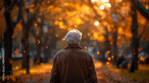 An elderly person walking in a park in the autumn season. 