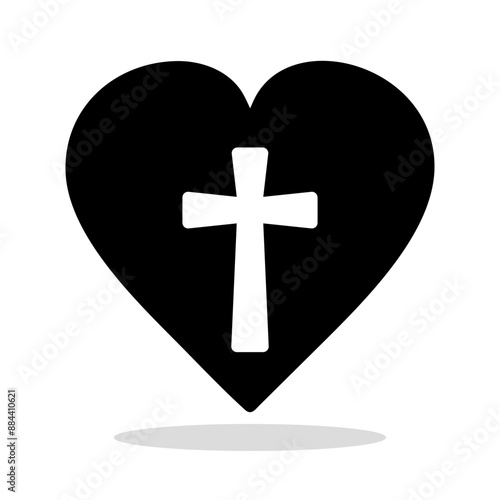 Heart icon. Black silhouette of heart containing a white christian cross, symbolizing the christian faith and love. Vector illustration