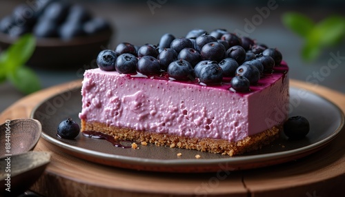 A close photo of a piece of berry pie with chocolate, and berries on top, on a plate