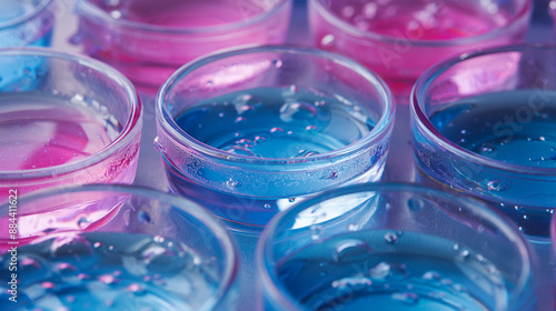 Rows of pink and blue petri dishes filled with liquid.