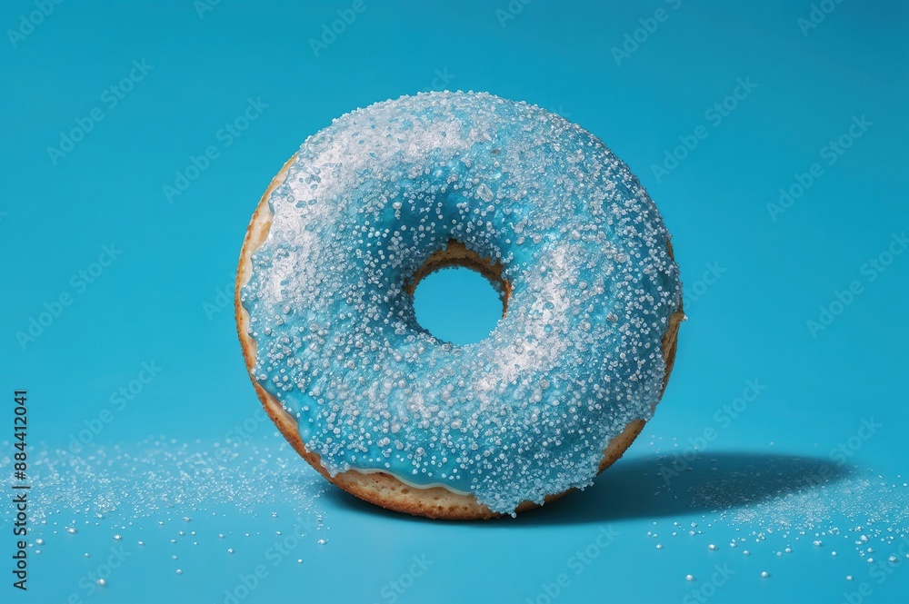 donut sprinkled with glitter on blue background donut sprinkled with glitter on blue background